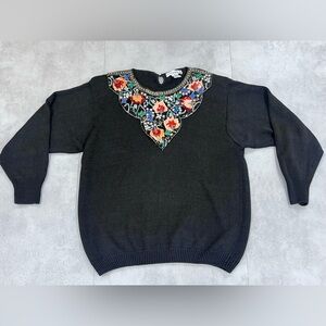 VTG 80s Victoria Harbour Black
Embroidered Rhinestone Flowers Sweater Sz L